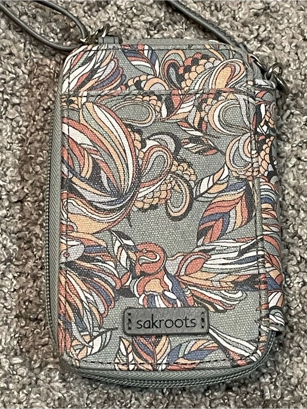 Sakroots Gray Floral Paisley Crossbody Wristlet with Peach Accents